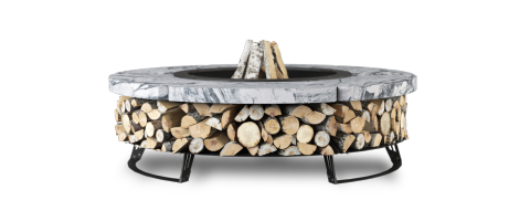 Round Outdoor Tabletop Wood-Burning Fireplace with Granite Top and BBQ Function
