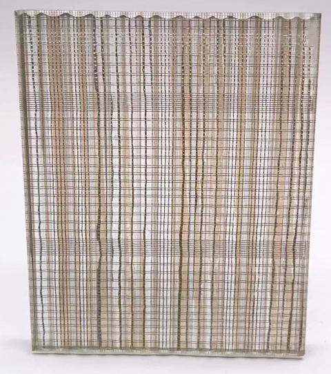 5mm Prismatic No.2 & 5mm Etched Linear Glass Laminated with Metal Mesh