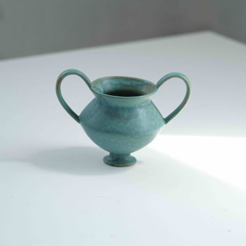Peacock Green Two-Handled Tall Pottery Vase